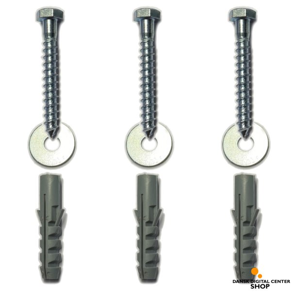 St m. 3 stk. franske skruer 8x60mm, 3 stk rawplugs 10x48, 3 stk. spndeskiver