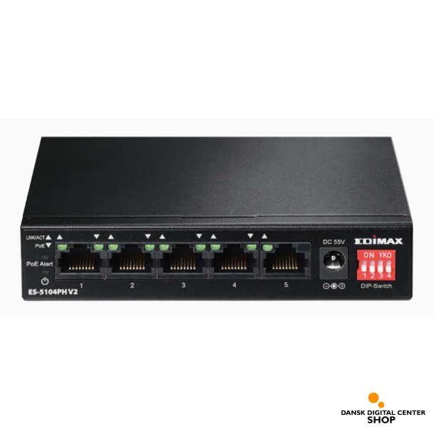 Edimax Lang rkkevidde 5-ports Fast Ethernet-switch med 4 PoE+-porte og DIP-switch ES-5104PH V2