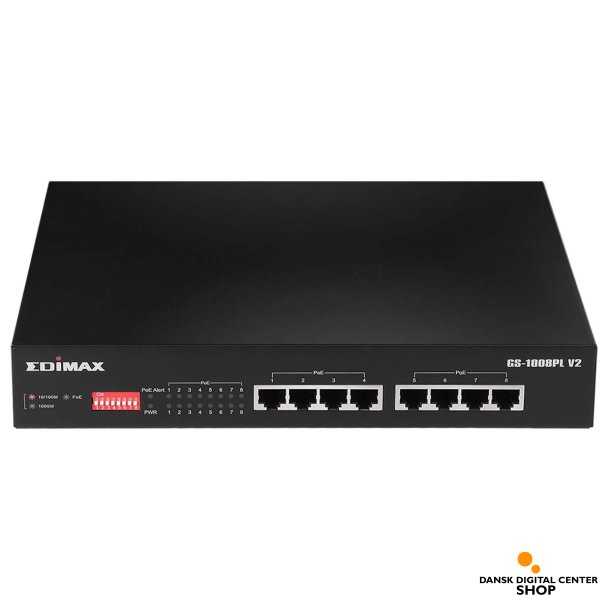 Edimax Lang rkkevidde 8-Port Gigabit Ethernet PoE+ Switch med DIP Switch, GS-1008PL V2